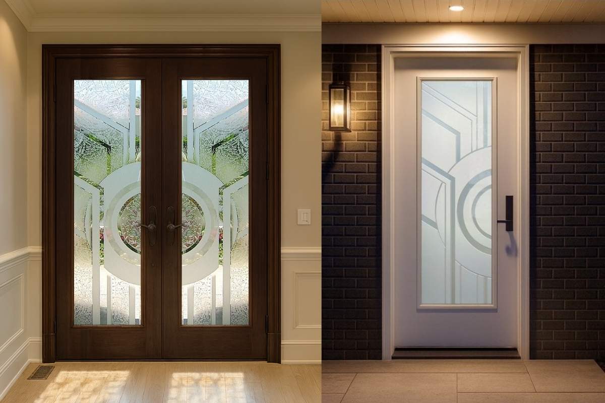 A side-by-side image of two different front doors. On the left, a double-door entryway with a dark wood frame features frosted glass with an intricate geometric pattern. On the right, a single white door has a similar frosted glass panel with the same geometric pattern | Tempered Frosted Glass Doors