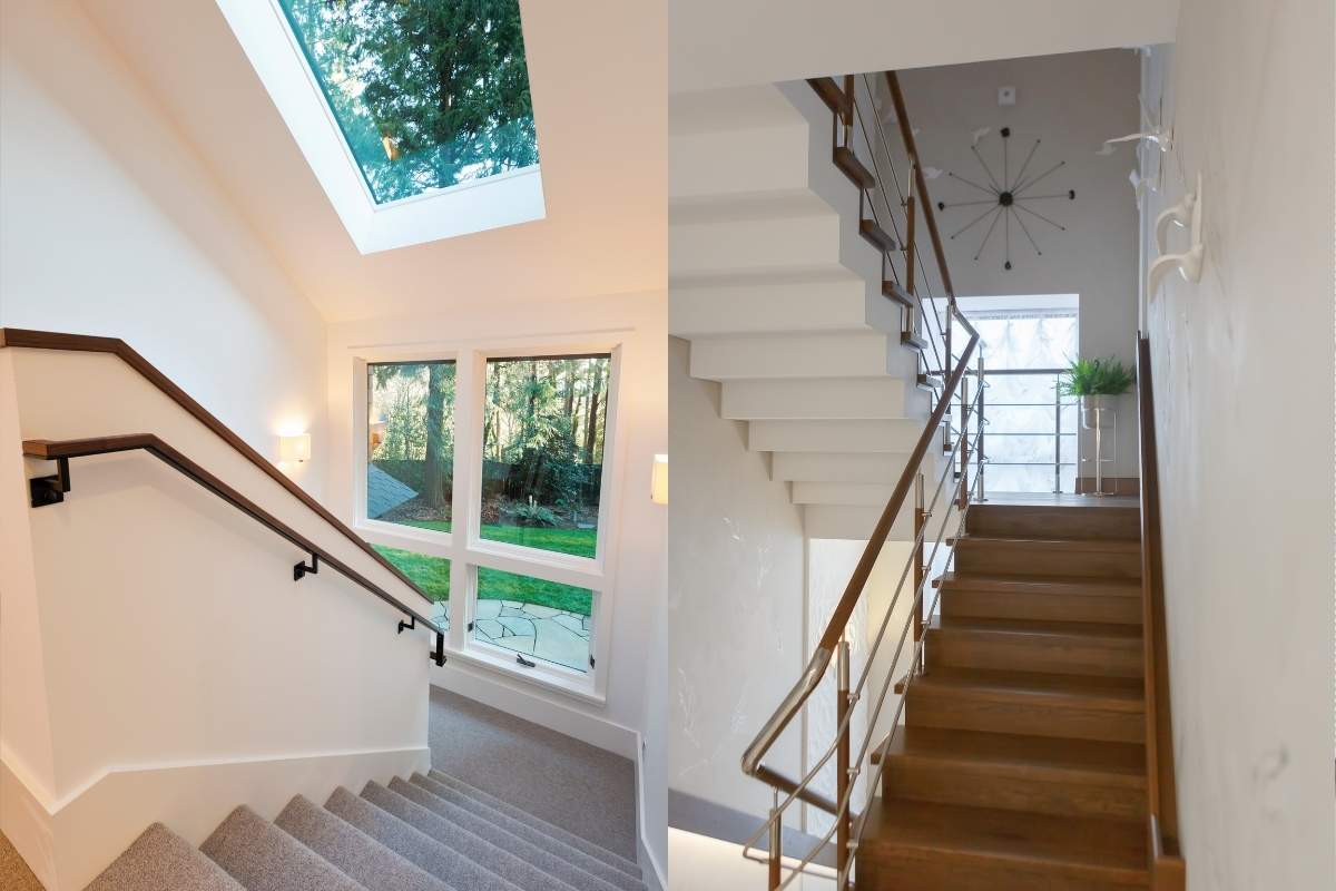 Stairwell into a bright architectural feature with a series of fixed windows.