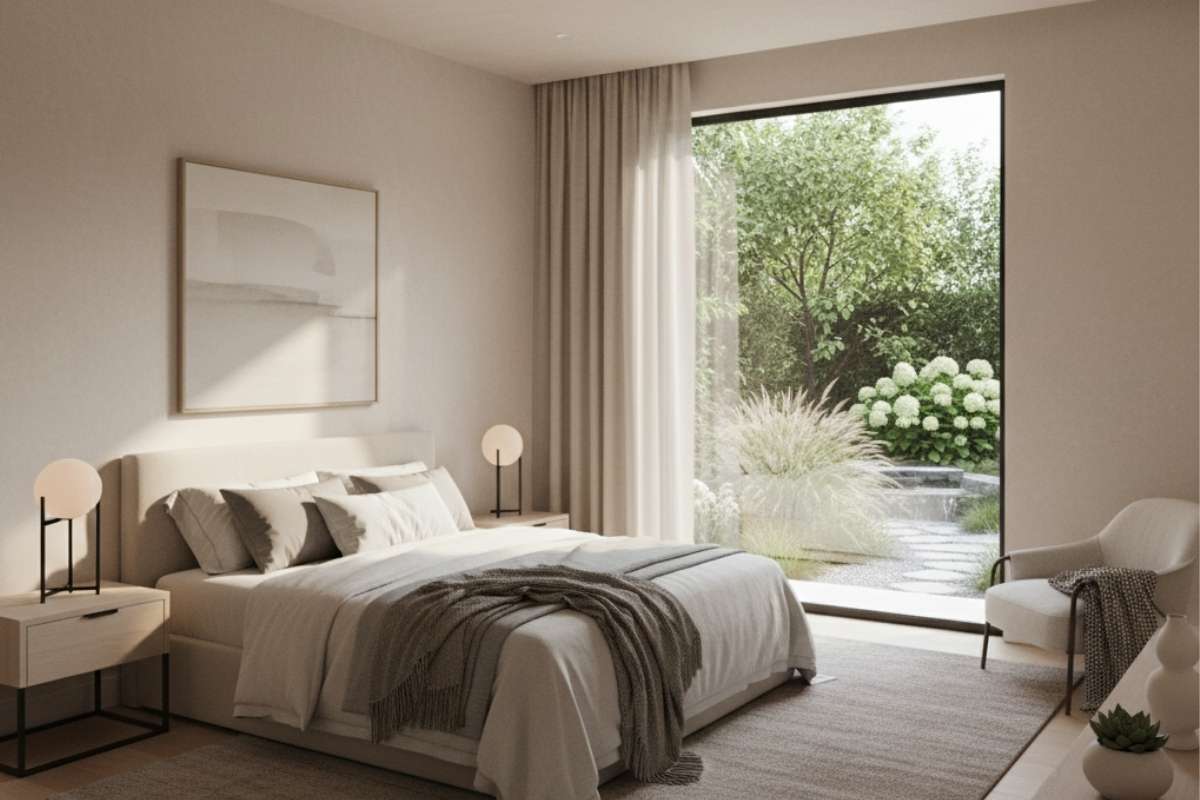 Modern bedroom with large fixed picture window overlooking garden, creative fixed window ideas for natural light and privacy