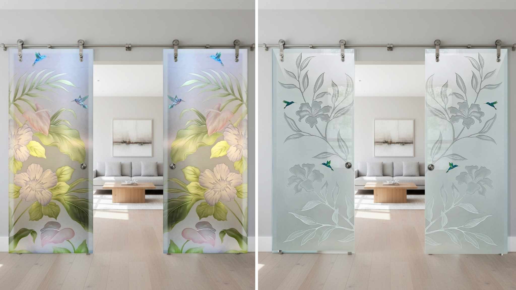 Expert-designed frosted glass barn doors by Sans Soucie installed in a modern living room entry, showing sliding glass barn doors with natural light and custom handcrafted artistry.