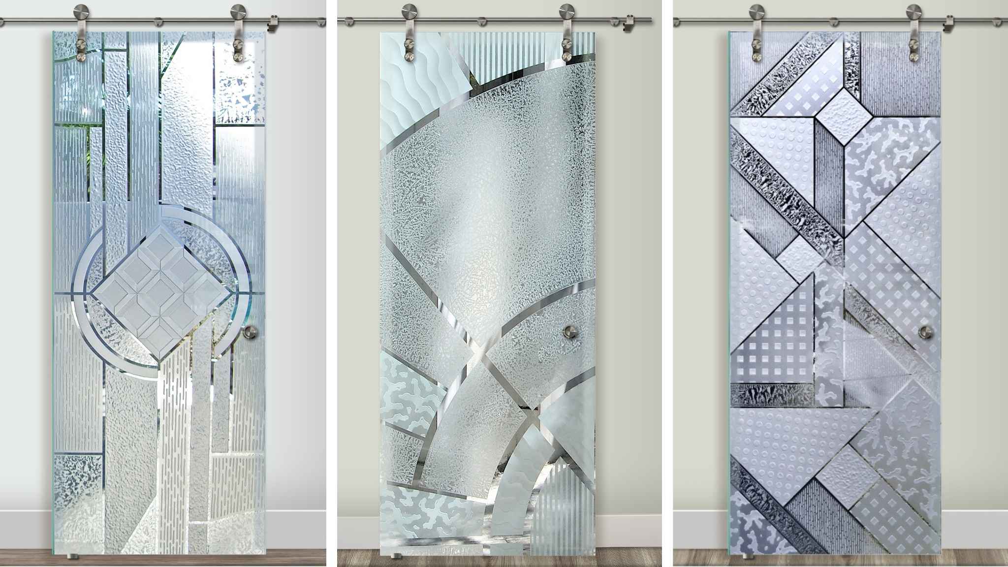 Durable handcrafted frosted glass barn doors collage showcasing modern and industrial designs.
