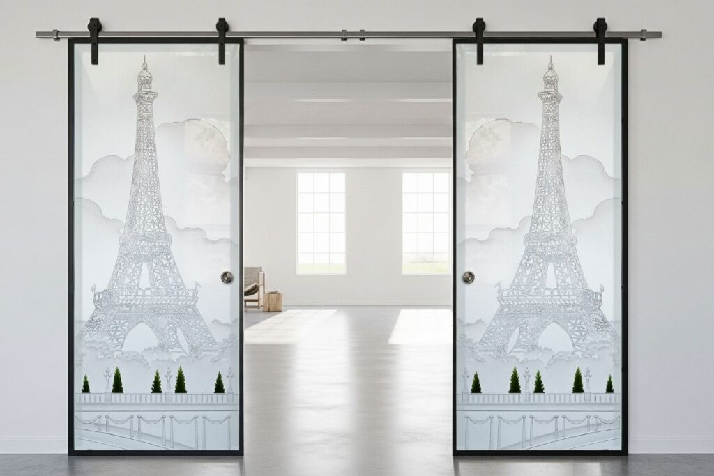 Frosted glass barn door with sophisticated Eiffel Tower design