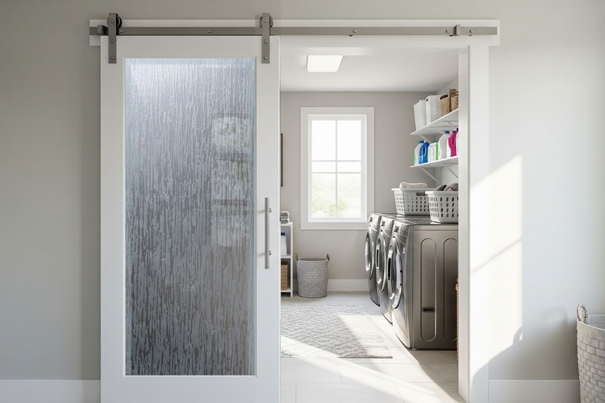 Glass barn door with a tree bark textured privacy design, sliding open to reveal a modern laundry room with washer, dryer, and organized shelving.