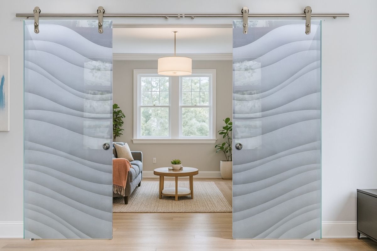 High-end glass barn doors in a minimalist home interior.