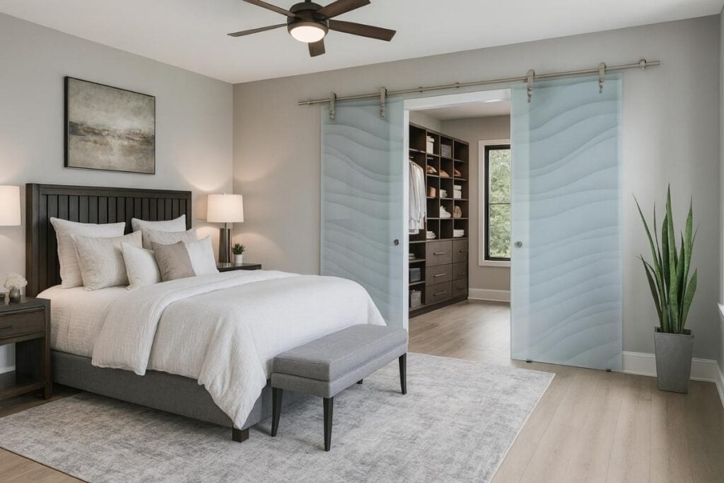 Glass barn doors with wave etched frosted design, sliding open from a master bedroom into a walk-in closet, showcasing modern interior style.