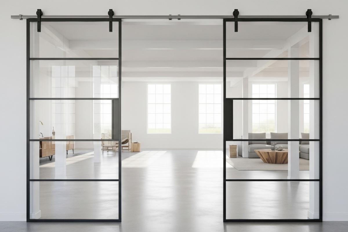 Clear glass barn doors in a modern interior.