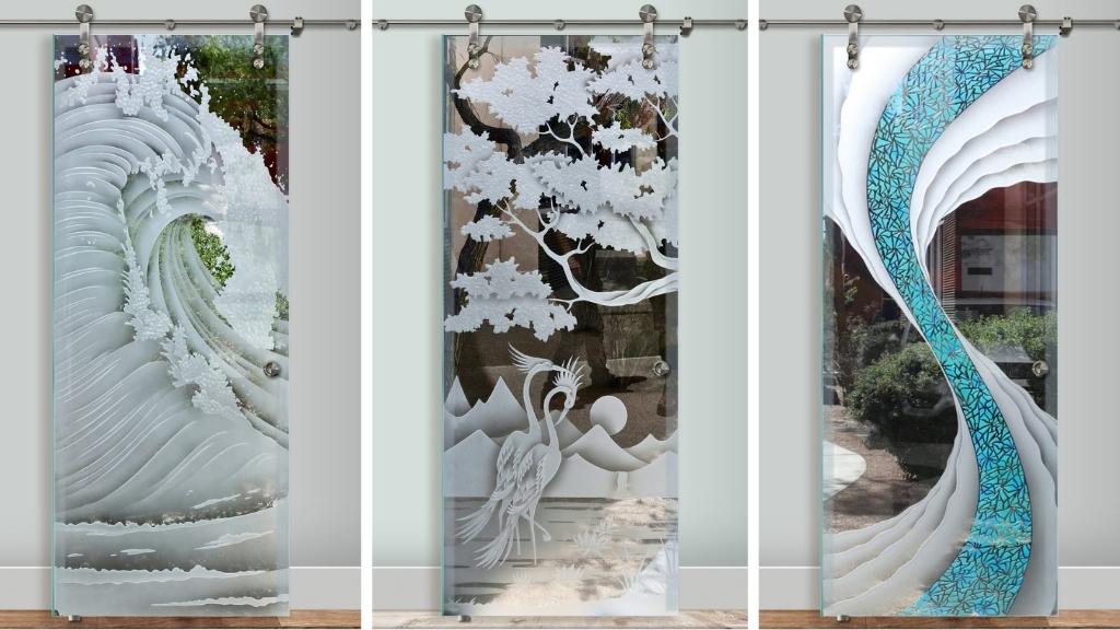 Sliding glass barn doors by Sans Soucie Art Glass, each with an intricate handcrafted etched design. The exceptional quality and expertise of the artists is demonstrated through the detailed designs, which are a trusted choice for interior spaces.