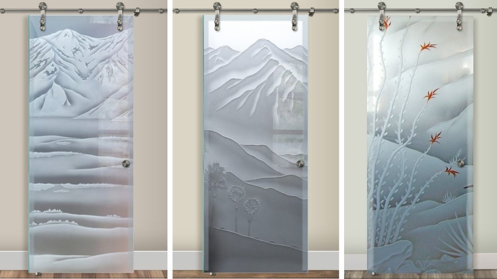 High-quality sliding glass barn doors by Sans Soucie, with expertly designed mountain and landscape art. The premium and trusted craftsmanship is on full display in the unique, custom-made farmhouse designs.