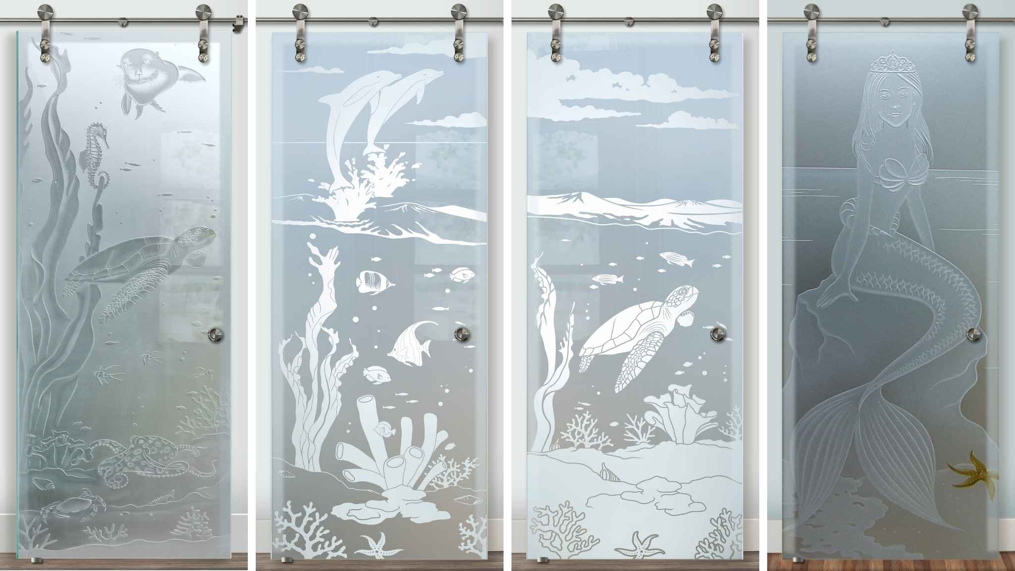 Professionally crafted glass barn doors by Sans Soucie, showcasing a collection of exceptional quality, ocean-inspired etched designs. The trusted craftsmanship is a testament to the experience of the glass artists, with varying levels of privacy and light transmission.