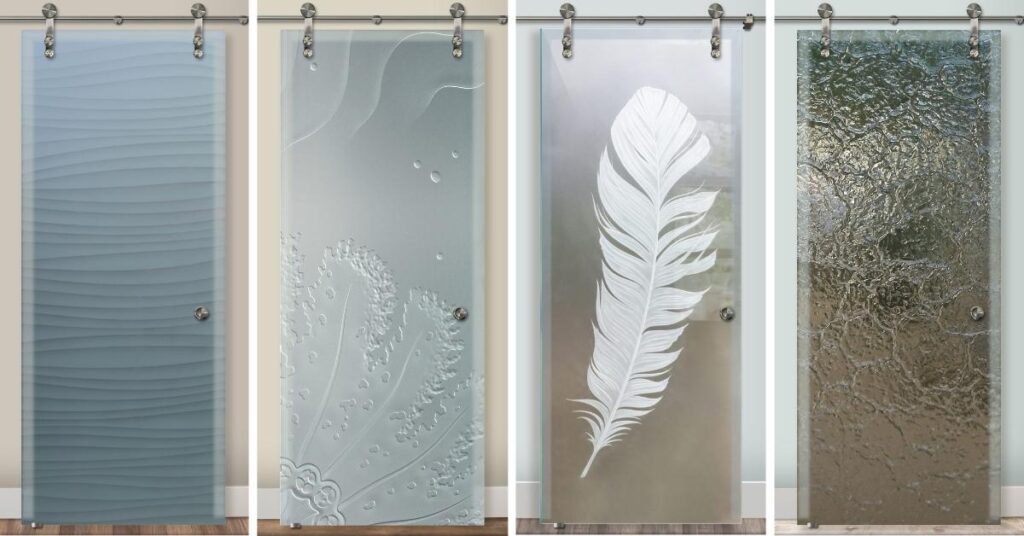 Glass barn doors by Sans Soucie, featuring a range of high-quality, custom-etched designs. The expertise and trusted craftsmanship are visible in the varying levels of privacy.