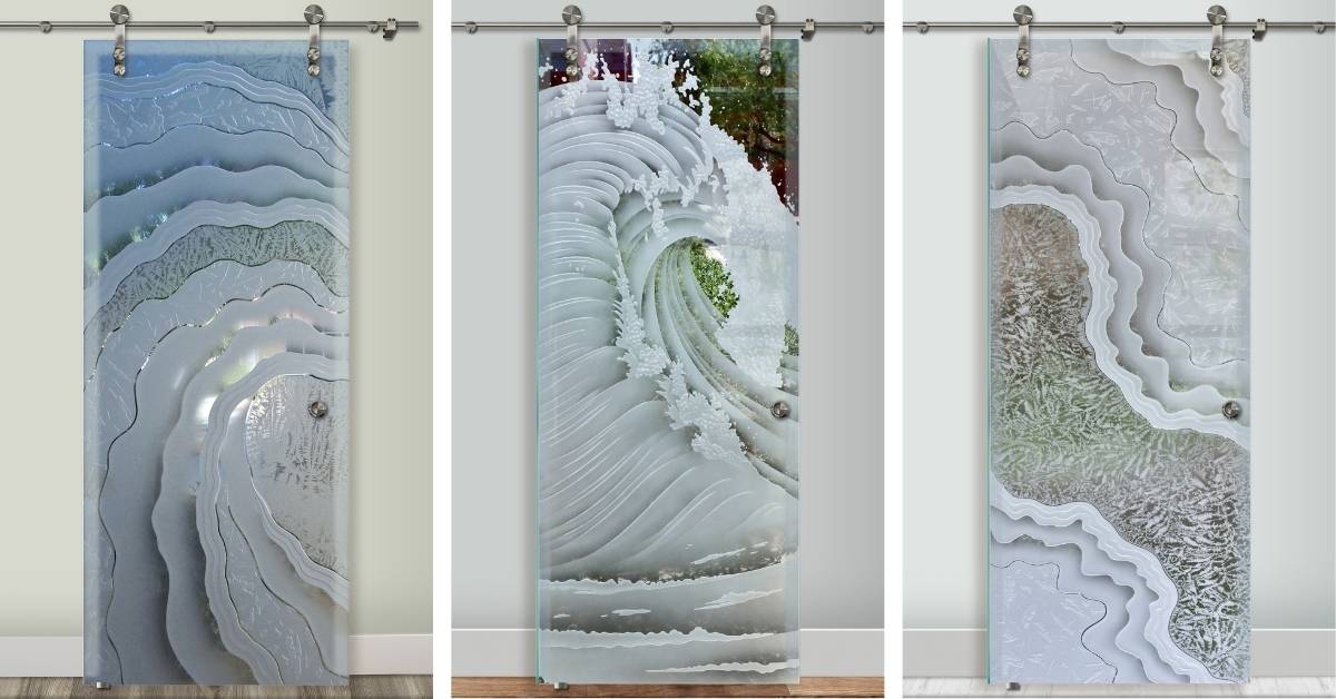 High-quality sliding glass barn doors for interiors by Sans Soucie Art Glass, with expertly designed geometric and textured patterns. The premium and trusted craftsmanship is on display in the unique, custom-made designs.