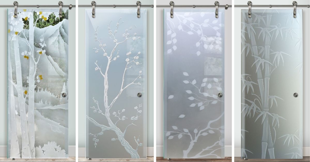 Glass barn doors by Sans Soucie, featuring a range of expertly crafted, high-quality botanical designs. The expertise and trusted craftsmanship are visible in the varying levels of opacity.