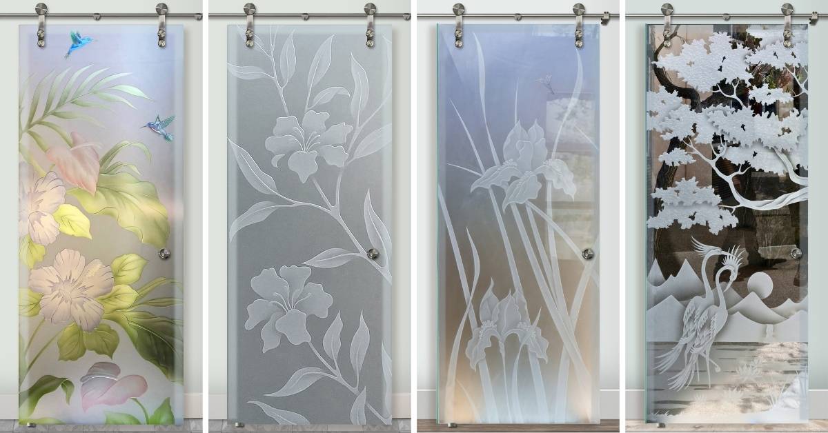 Premium glass barn doors by Sans Soucie, featuring a range of expertly crafted, high-quality botanical designs. The expertise and trusted craftsmanship are visible in the varying levels of opacity.