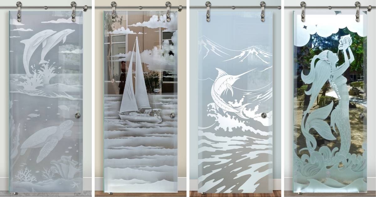 Professional-grade sliding glass barn doors by Sans Soucie. The handcrafted ocean-inspired designs show the expertise and experience of the artists, with designs that are both high-quality and unique.