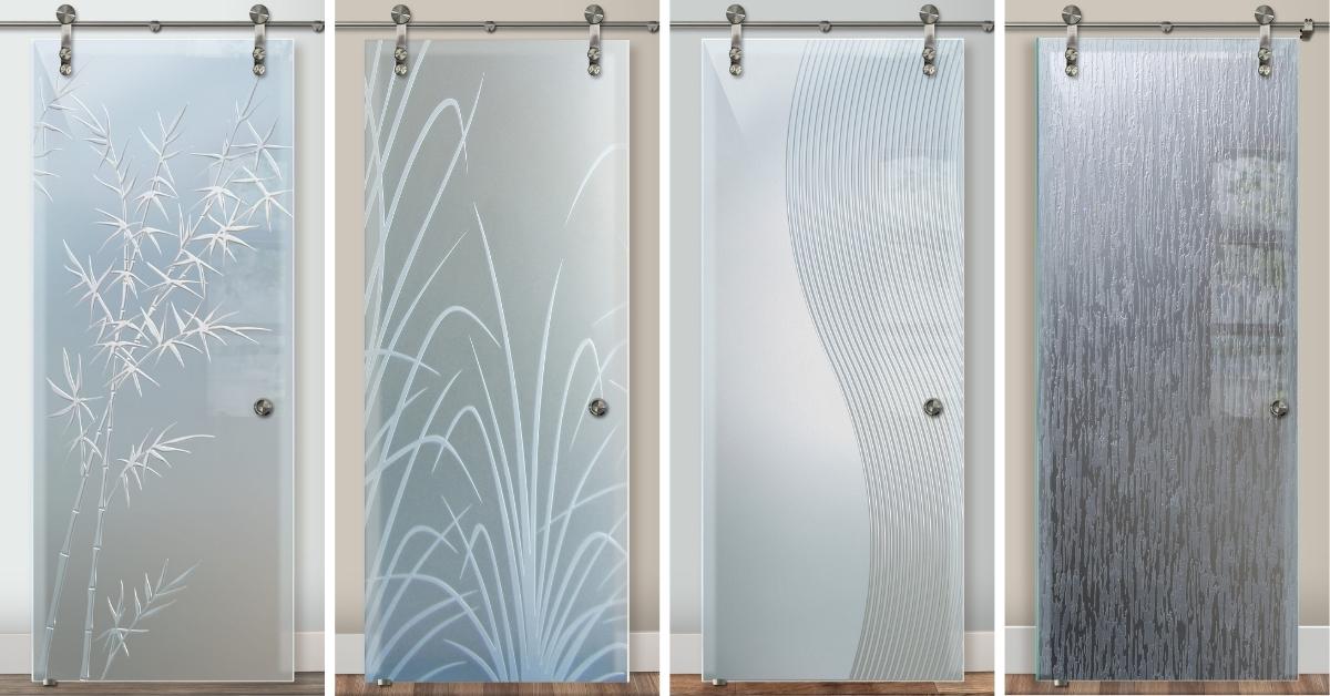 Professionally crafted frosted glass barn doors by Sans Soucie Art Glass. The designs, featuring grass-like and abstract patterns, are expertly created, with trusted quality and a range of privacy options.