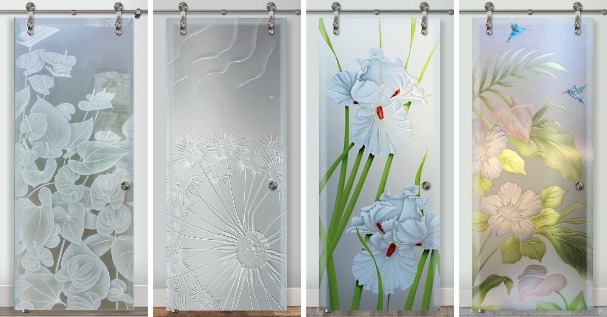Expertly crafted frosted glass barn doors by Sans Soucie. These durable doors showcase trusted and high-quality botanical and floral custom art, with details that highlight the company's professionalism and expertise.