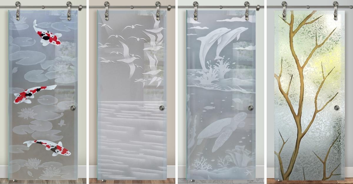 Custom art glass barn doors by Sans Soucie Art Glass, featuring a range of expertly crafted nature and animal designs. The premium quality of these durable glass doors reflects the experience and trust the company has built over time.