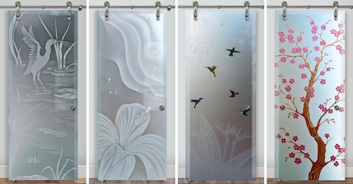 Handcrafted sliding glass barn doors by Sans Soucie Art Glass. The doors feature high-quality and durable botanical designs, reflecting the expertise and experience of the glass artisans in creating trusted custom art.
