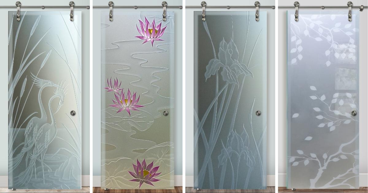Sliding glass barn doors by Sans Soucie Art Glass. The high-quality doors showcase a variety of expertly crafted nature-inspired designs, from herons to water lilies, which speak to the trusted and professional craftsmanship.
