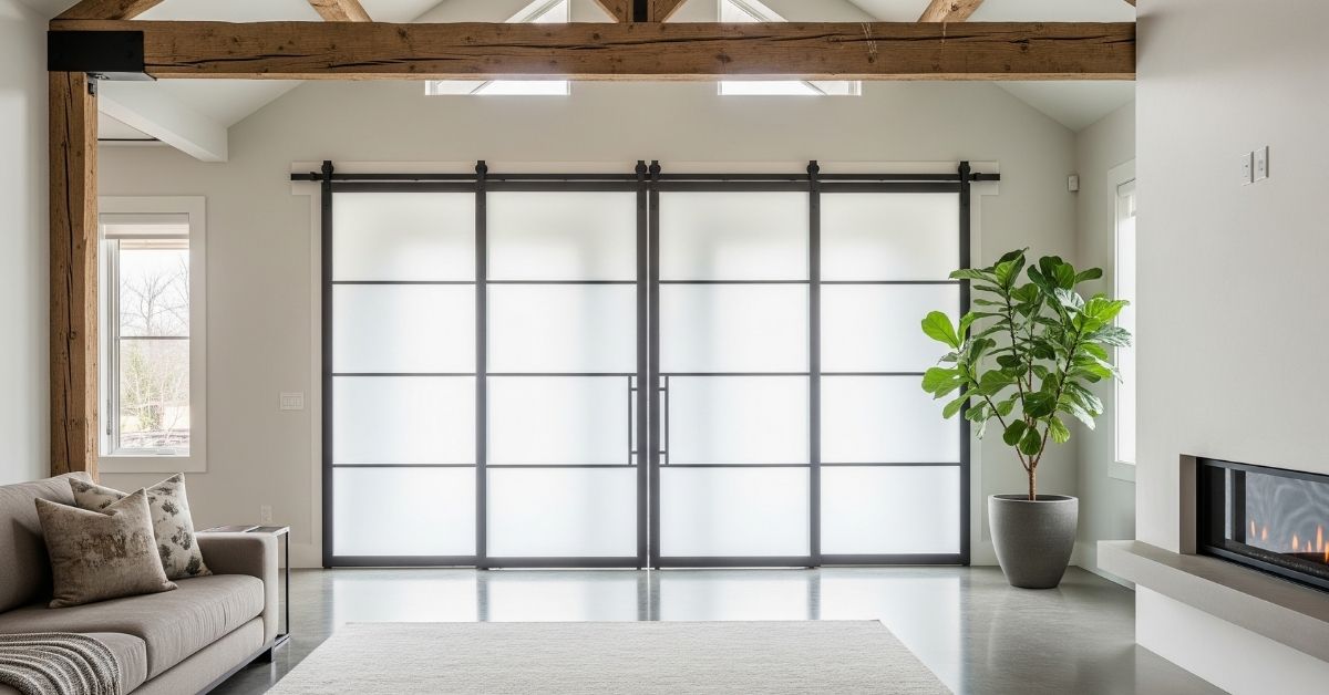 Professional-grade sliding glass barn doors by Sans Soucie Art Glass. The trusted and high-quality frosted glass panels provide privacy while allowing light to pass through, expertly complementing the home's modern, farmhouse-style interior.
