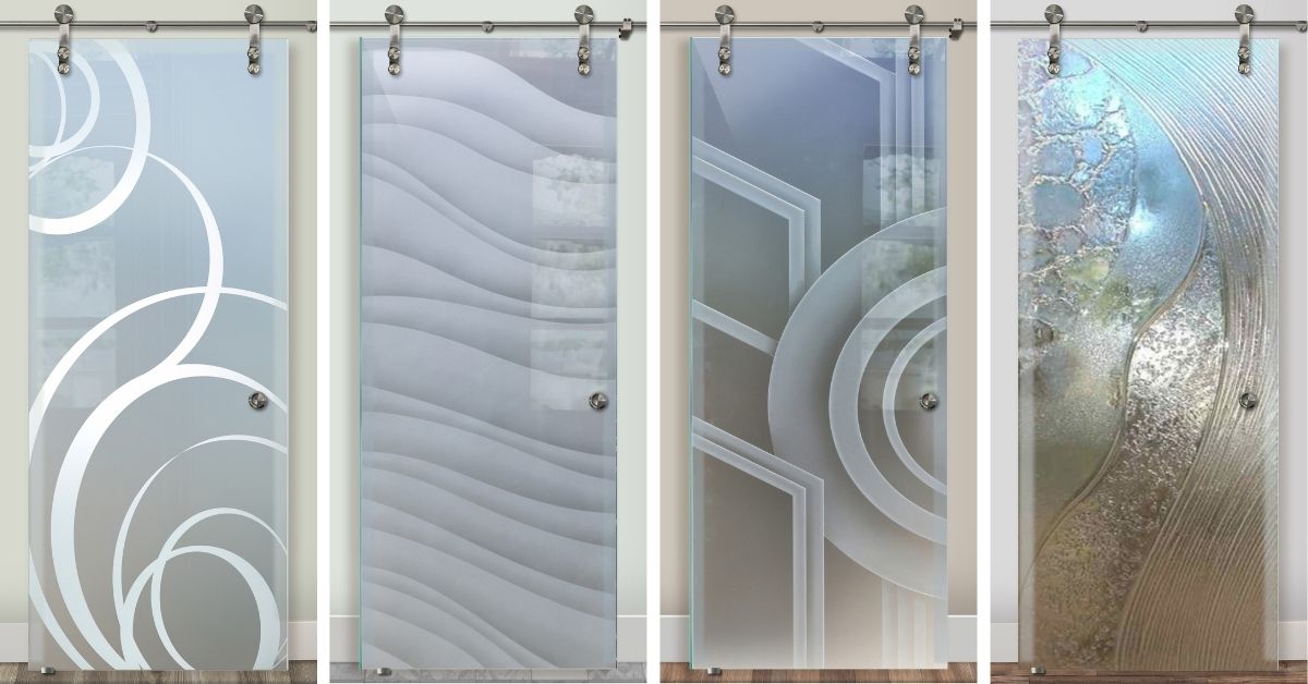 Professional-grade sliding glass doors by Sans Soucie Art Glass. The meticulous and expert craftsmanship is visible in the unique geometric and abstract designs, demonstrating a trusted and durable product.