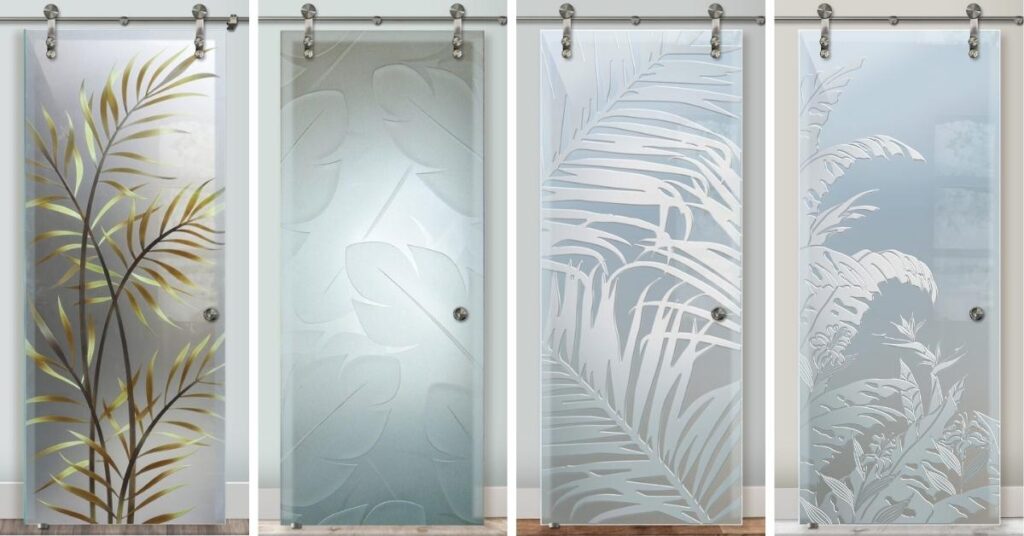 Expertly crafted sliding glass barn doors by Sans Soucie Art Glass. The trusted and high-quality doors showcase a variety of custom art botanical designs, reflecting the professionalism and expertise of the artisans.