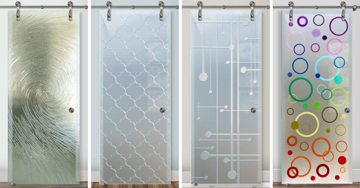 Glass barn doors by Sans Soucie Art Glass. The high-quality doors showcase a variety of expertly crafted geometric and abstract patterns, with a design that also incorporates color, which reflects the trusted and experienced craftsmanship of the company.