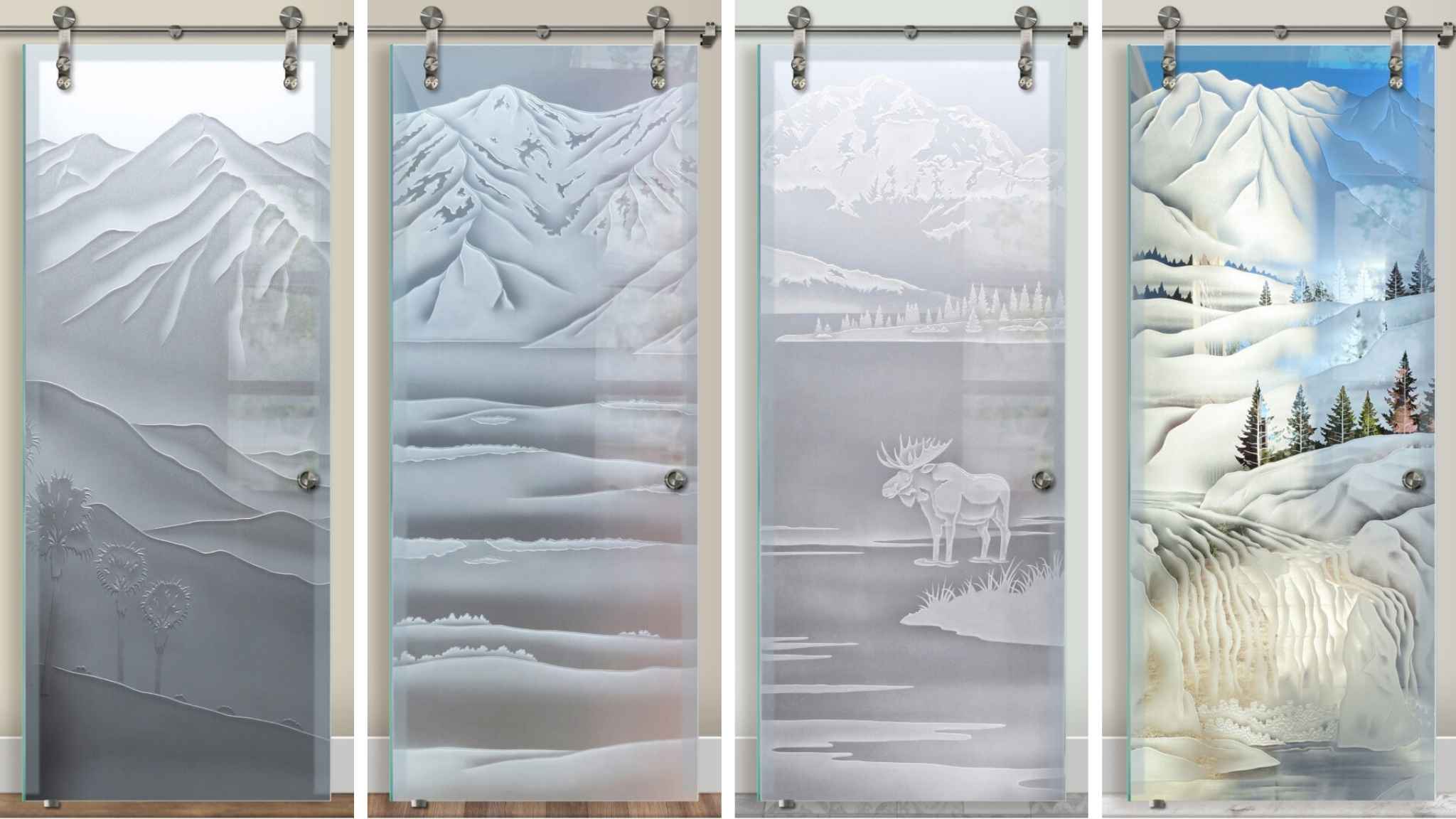 Professionally crafted sliding glass barn doors by Sans Soucie Art Glass. The trusted and high-quality doors showcase a variety of expertly created mountain and nature-themed scenes, which reflect the company's experience and professionalism.