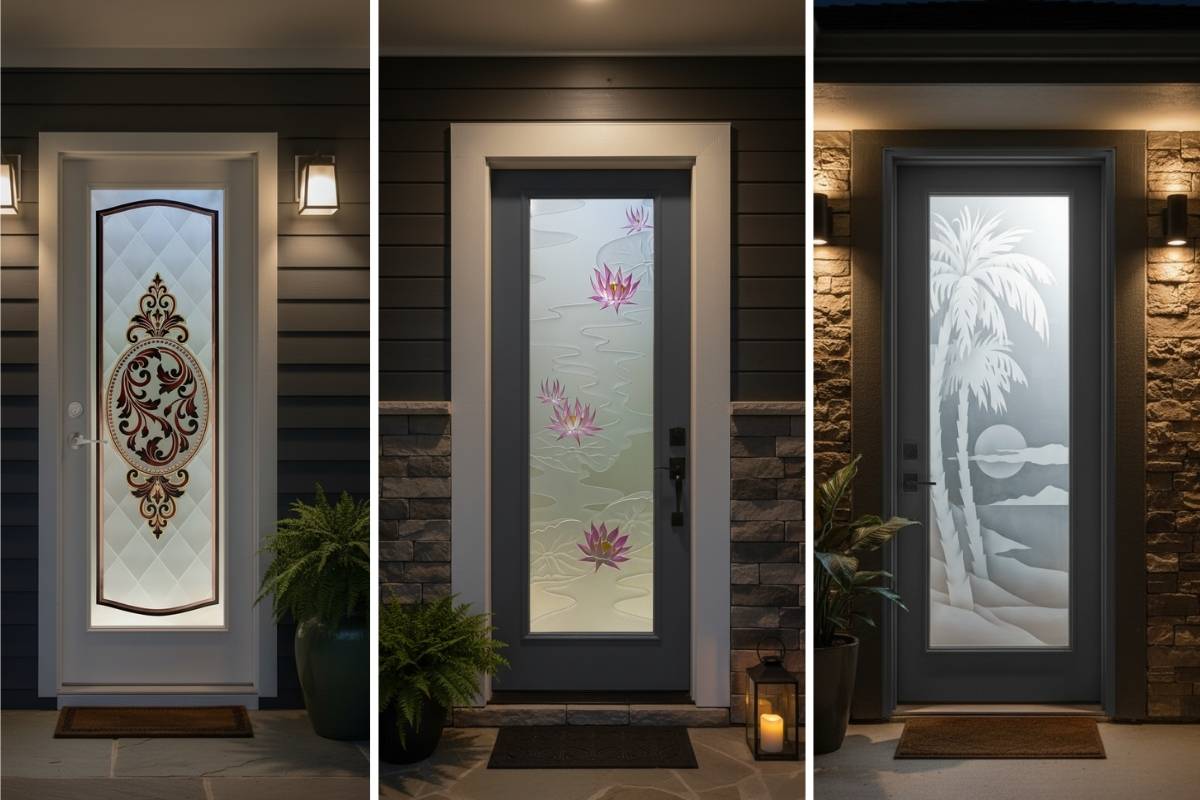 Three unique residential styles: a traditional home with a frosted ornamental glass door, a craftsman-style porch featuring a lotus design, and a warm stone exterior where palm trees and sunset motifs glow under soft outdoor lighting.