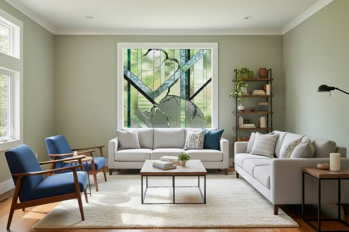 Modern living room with geometric stained glass fixed window as a bold focal point.