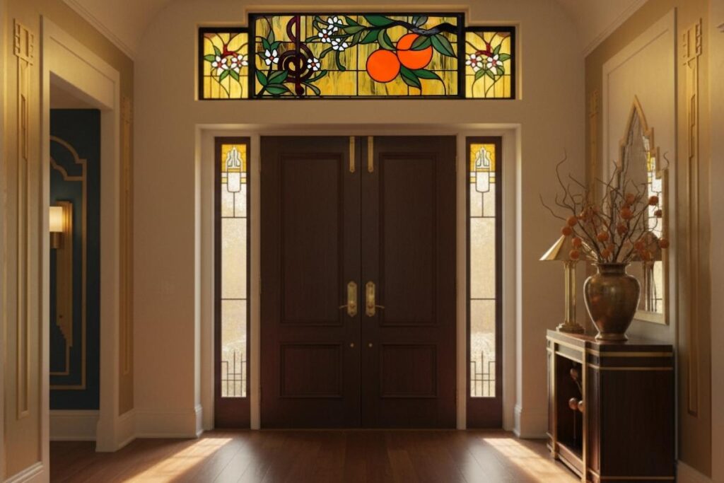 Front doors and stained glass transom windows