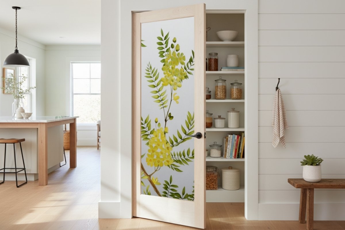 Bright kitchen with a frosted glass pantry door featuring a gold medallion floral design, swinging inward to reveal organized shelves.