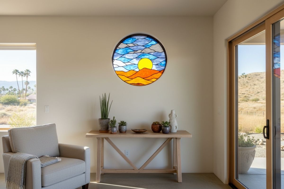 Stained glass window handcrafted by Sans Soucie Art Glass, installed in a living room. This round stained glass design reflects expert craftsmanship and trusted artistry.