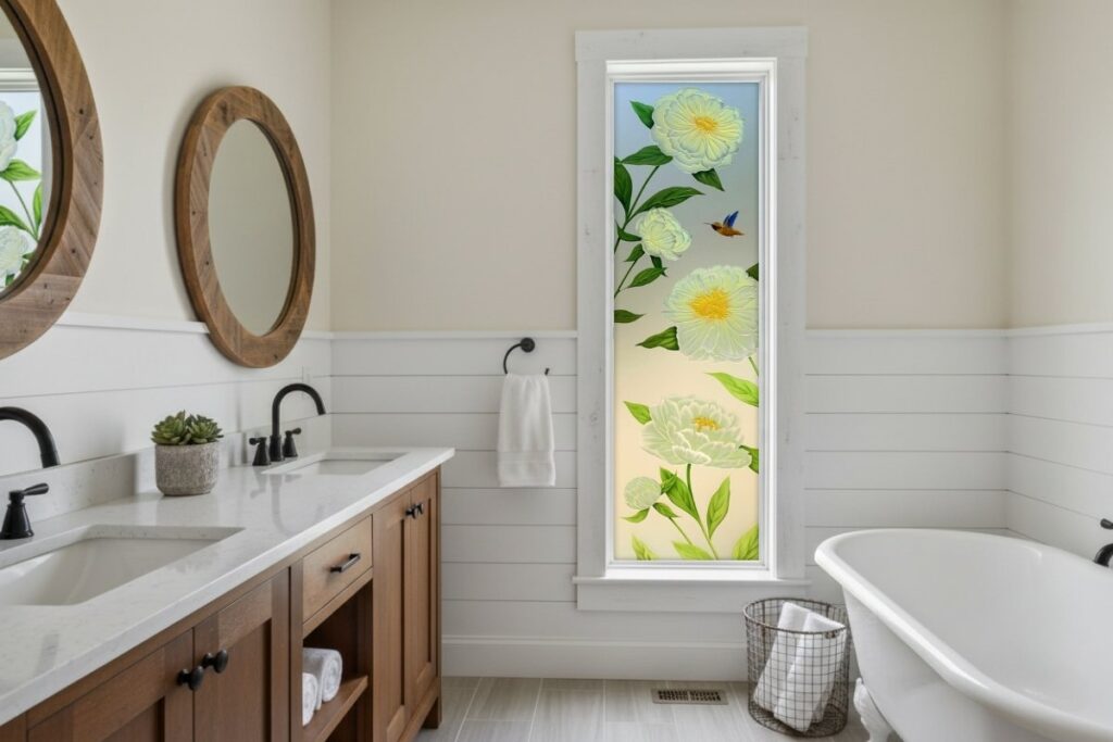 Hand-etched frosted bathroom window designed for small spaces, offering full privacy and style.