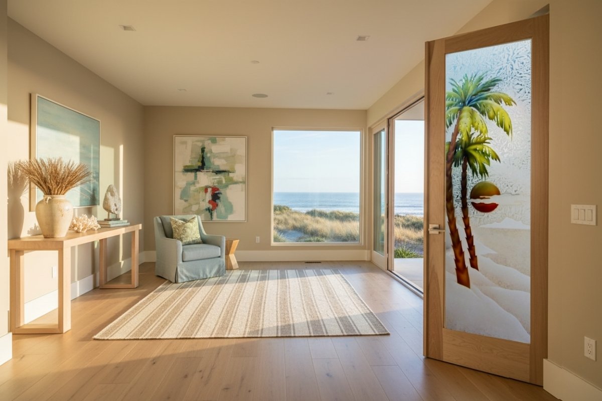 Coastal glass entry door with hand-painted palm tree design overlooking ocean view interior