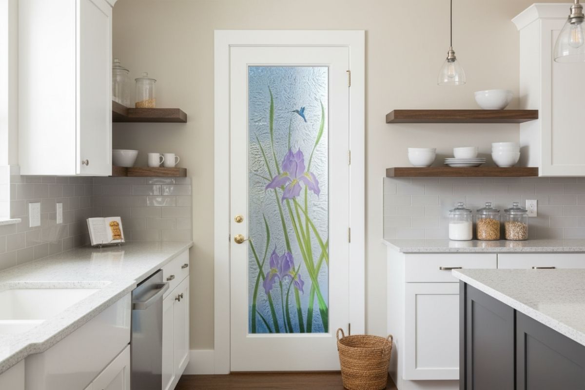 Elegant kitchen with a frosted glass pantry door decorated with painted irises and a hummingbird design, swinging outward into the room.