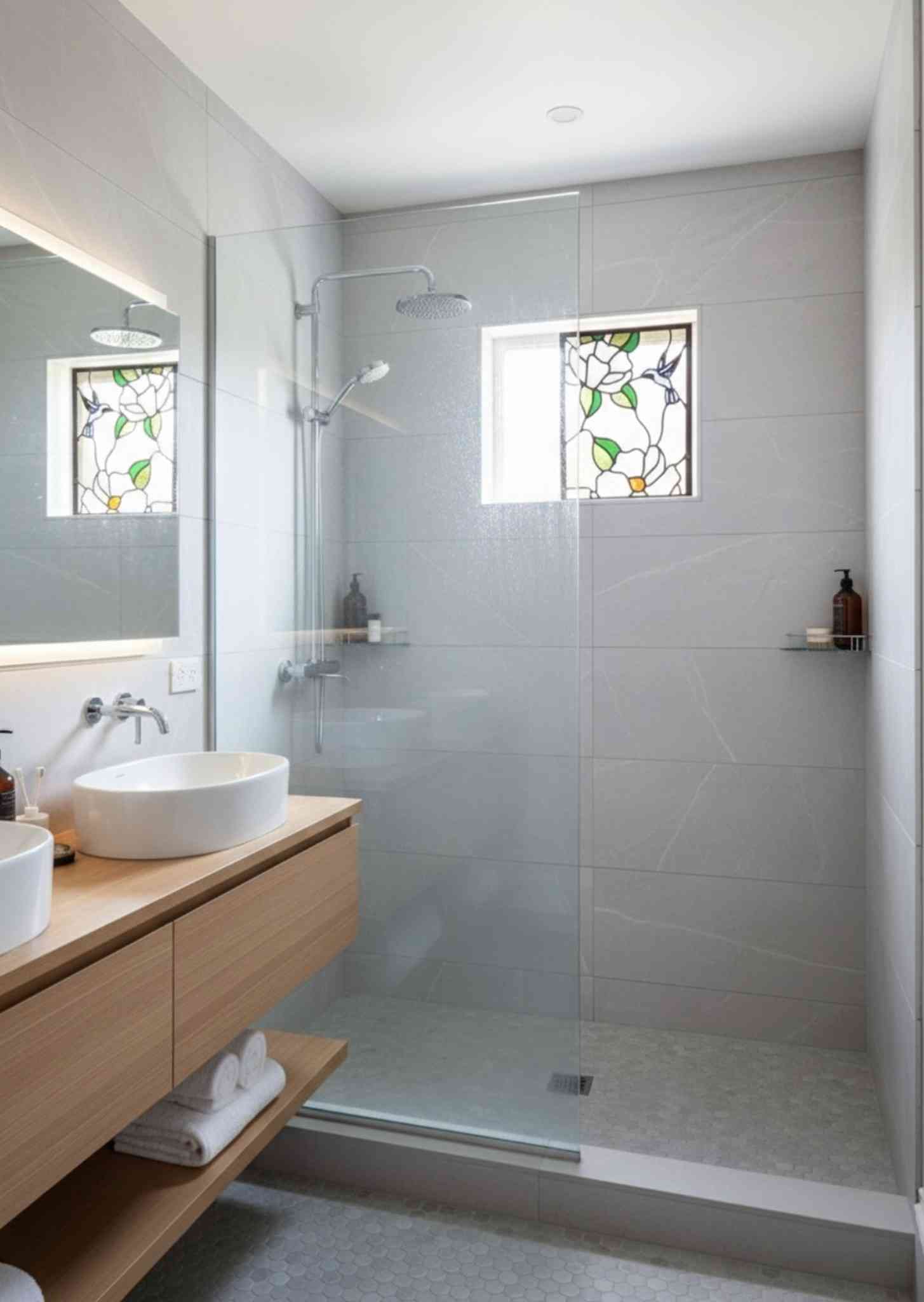 Small stained window for bathroom spaces
