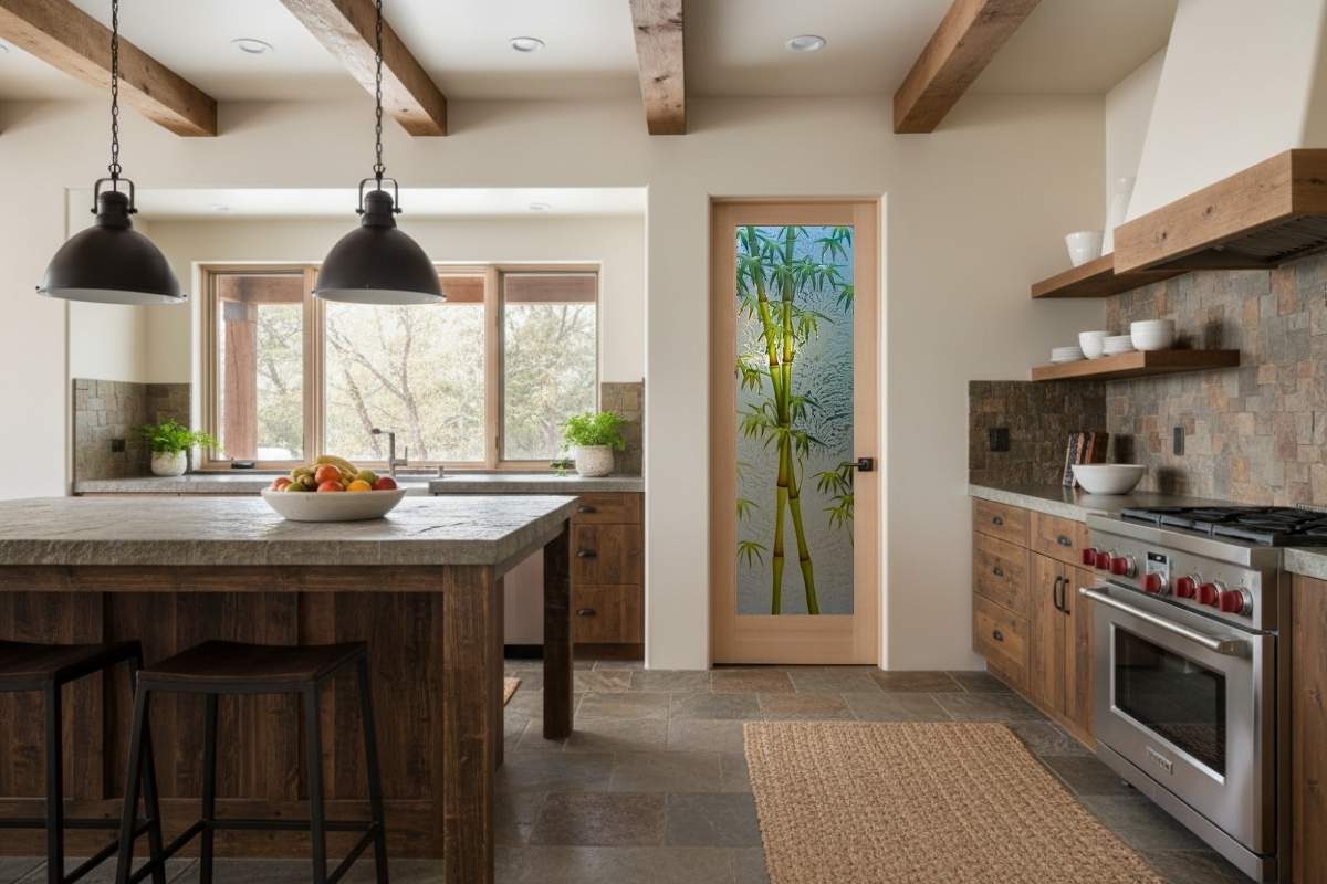 Rustic kitchen with wood cabinetry and stone accents featuring a frosted glass pantry door with painted 3D carved bamboo design, swinging inward into the pantry to keep kitchen space open.