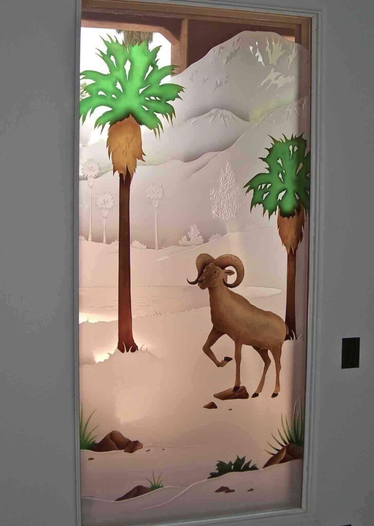 Frosted glass bedroom window with painted design