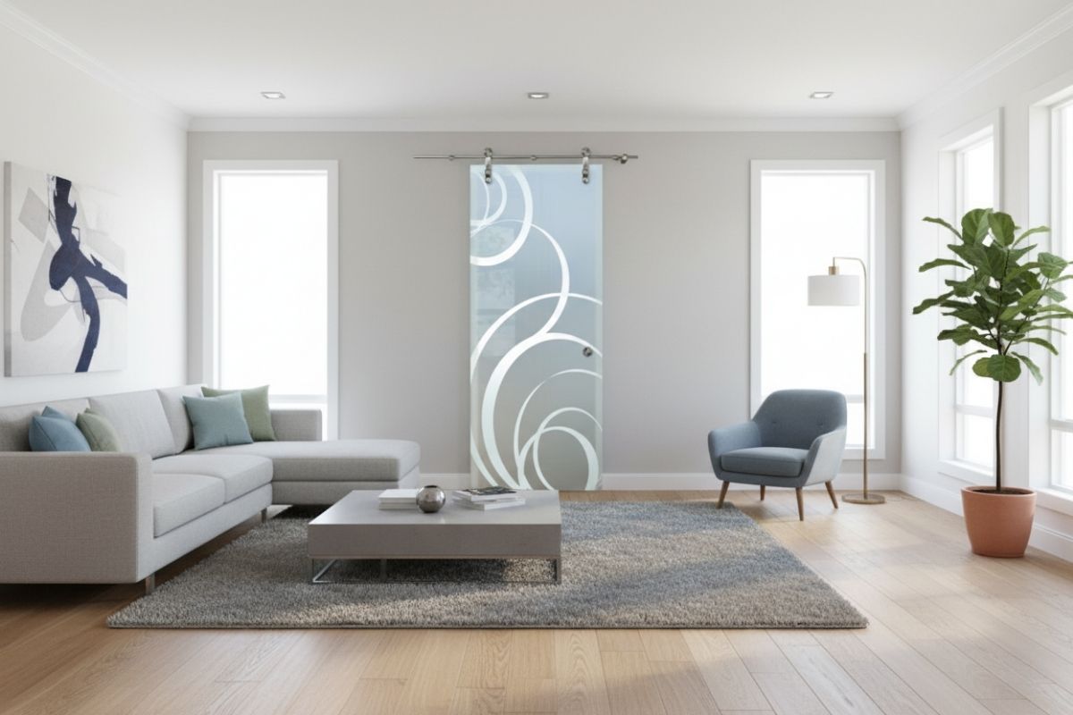 High-quality custom glass barn door with frosted swirl design in a modern living room, expertly crafted for durability and privacy.