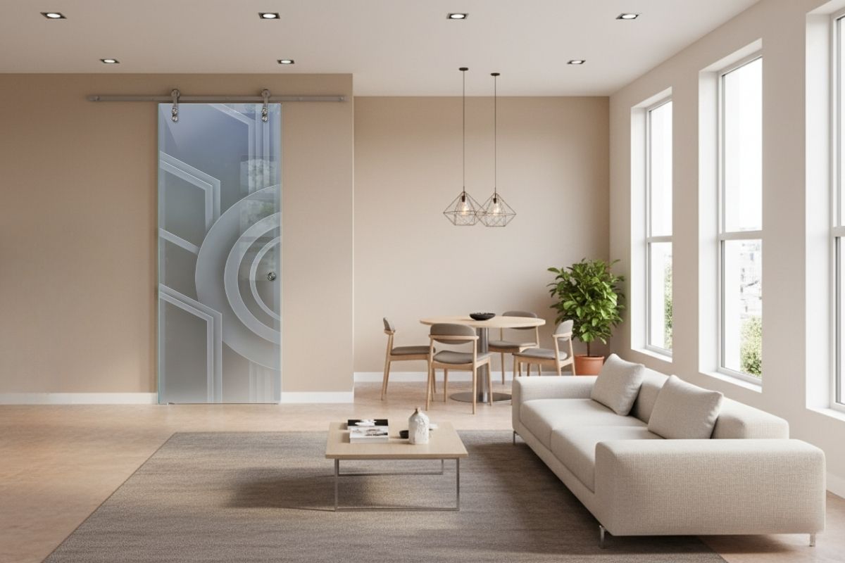 Professionally designed decorative glass barn door with etched geometric patterns, adding a durable and modern touch to an open dining and living space.