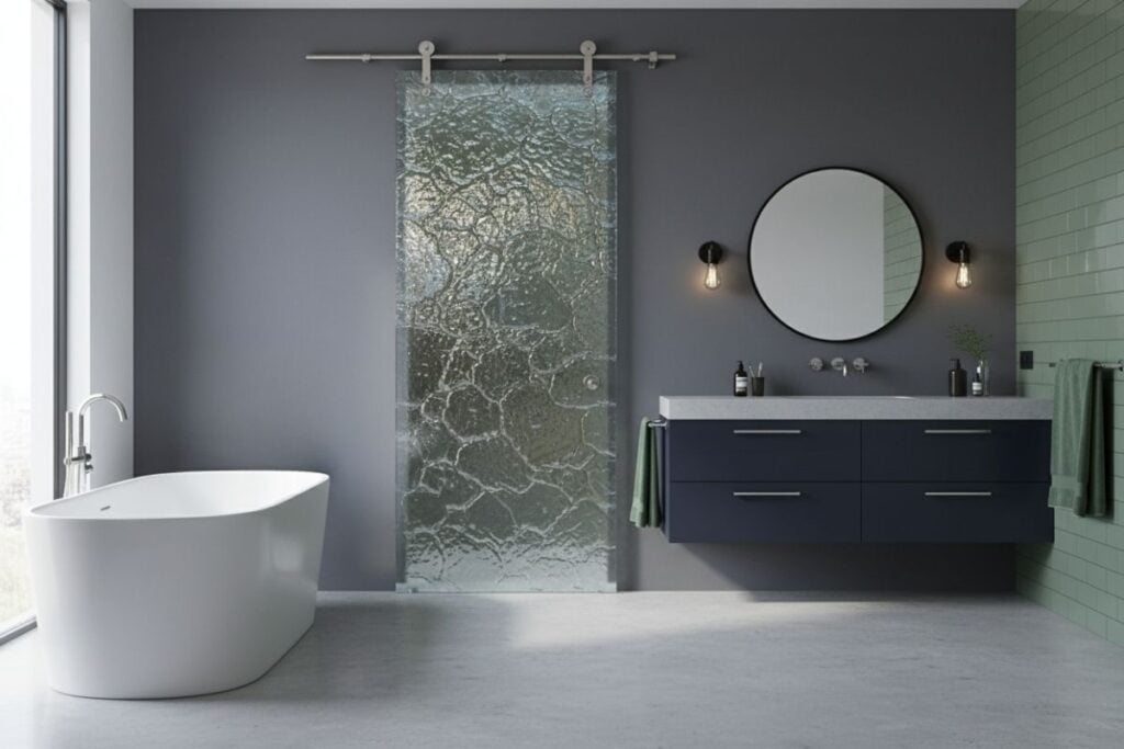 Private sliding glass barn door in a modern bathroom, handcrafted by Sans Soucie Art Glass for premium privacy and artistic texture.