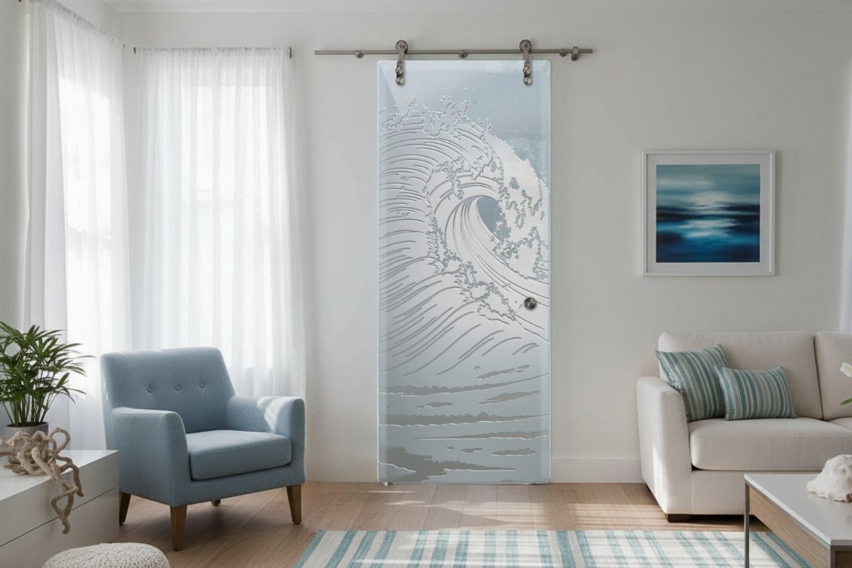 private glass barn doors, interior glass barn doors, frameless glass barn doors, decorative glass barn doors, etched glass barn doors, privacy glass barn doors