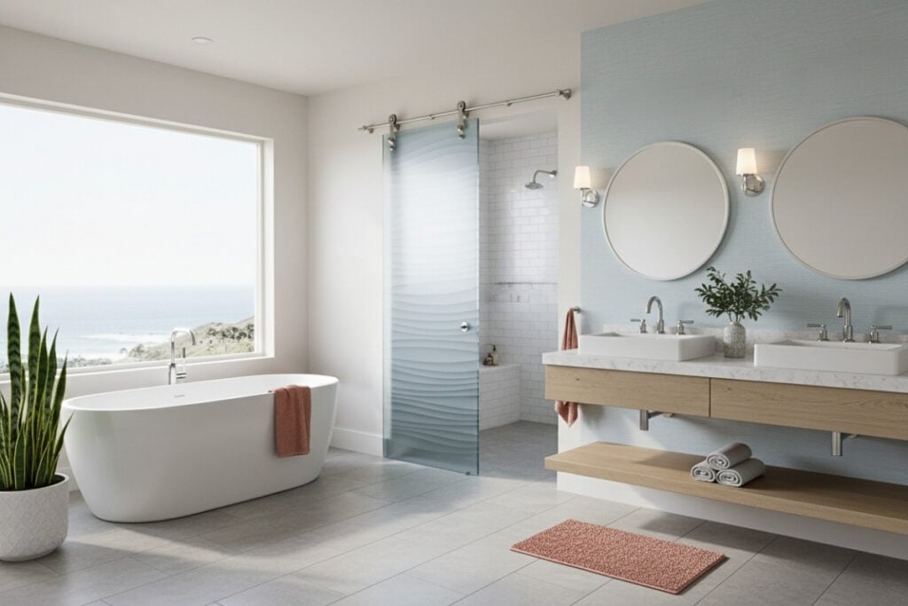 Modern coastal bathroom with ocean view featuring a sliding decorative glass barn door etched with soft wave patterns by Sans Soucie Art Glass, adding light and privacy with a spa-like feel.