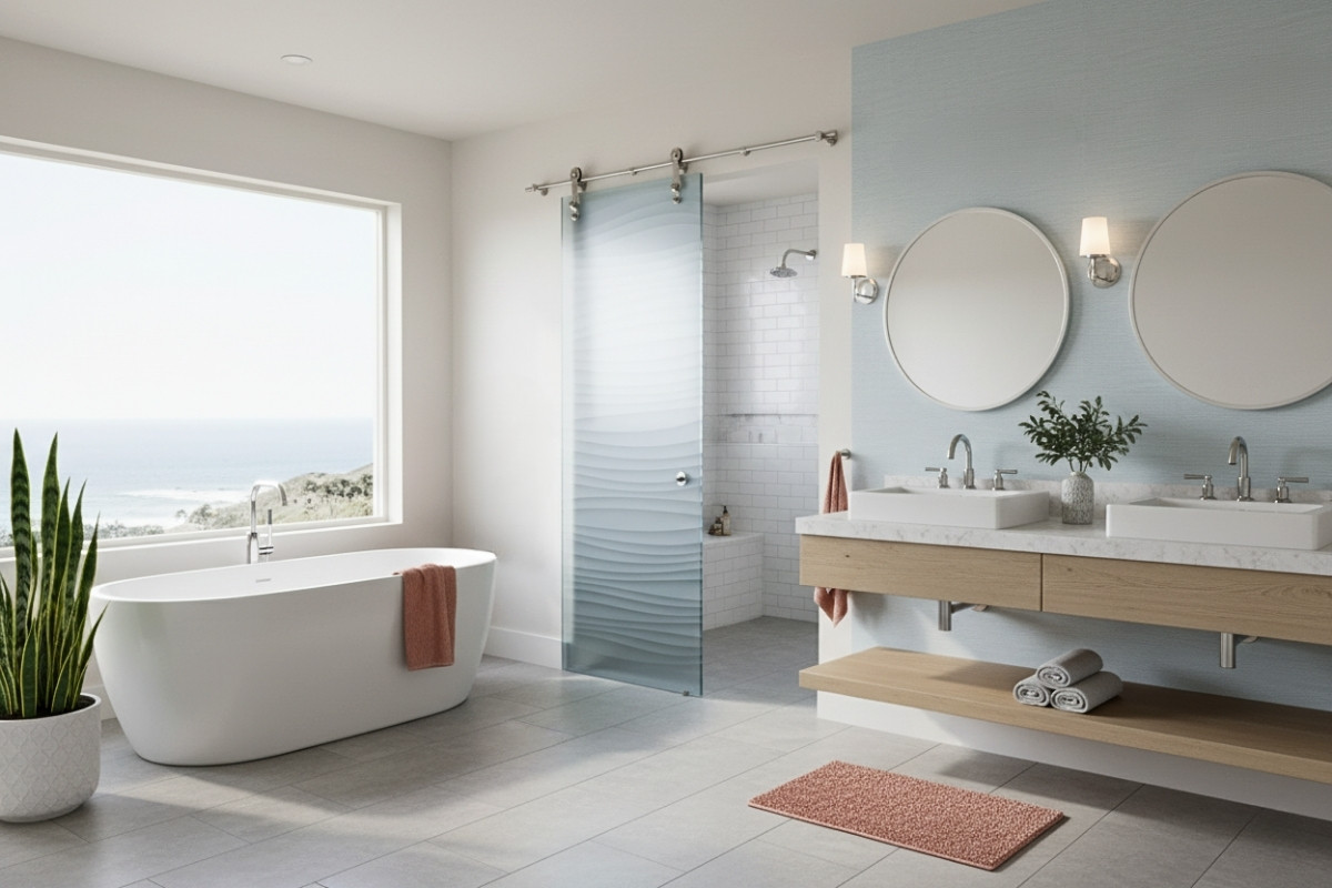 Sliding glass barn door in a spa-style bathroom, expertly crafted for privacy and natural light.