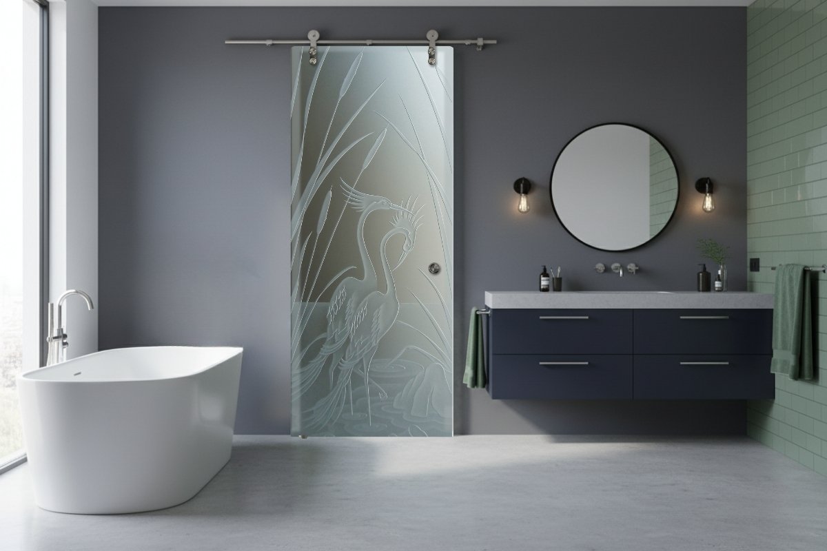 Cranes and cattails frosted glass barn door in a luxury bathroom, carved and sandblasted by Sans Soucie master glass craftsmen.