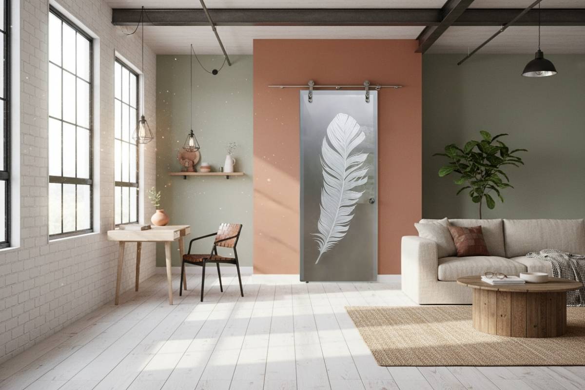 Feather etched frosted glass barn door in a rustic modern living room, handcrafted by Sans Soucie Art Glass for premium style and privacy | interior glass barn doors | frameless glass barn doors | decorative glass barn doors