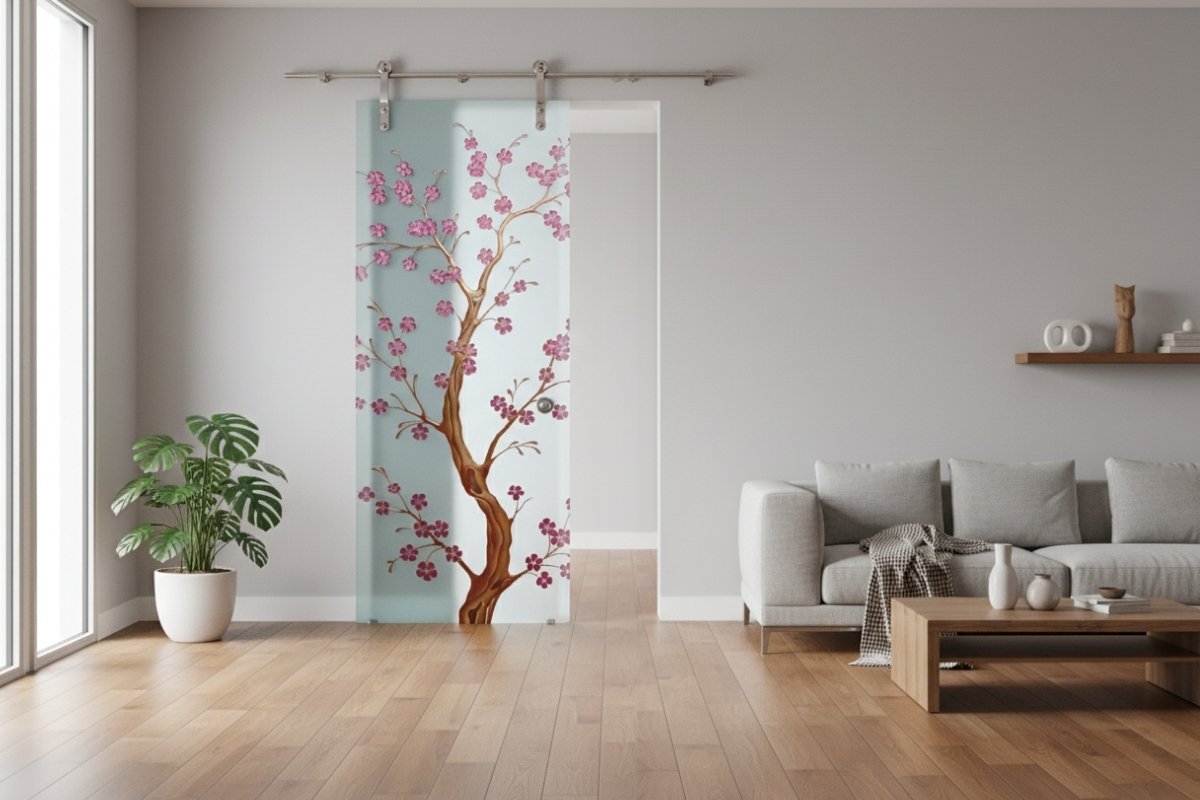interior glass barn doors, frameless glass barn doors, decorative glass barn doors, etched glass barn doors