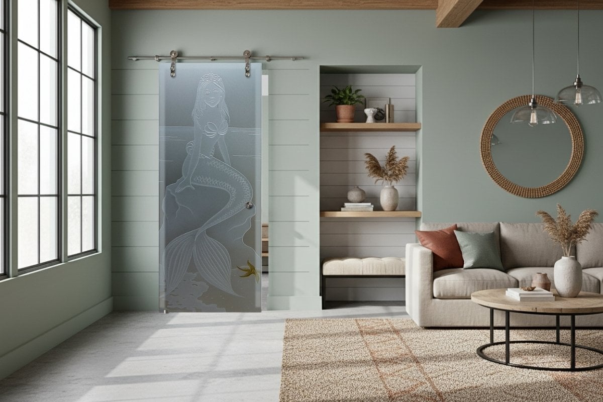 Mermaid Princess in a painted glass barn door in a coastal living room, handcrafted by Sans Soucie Art Glass experts.
