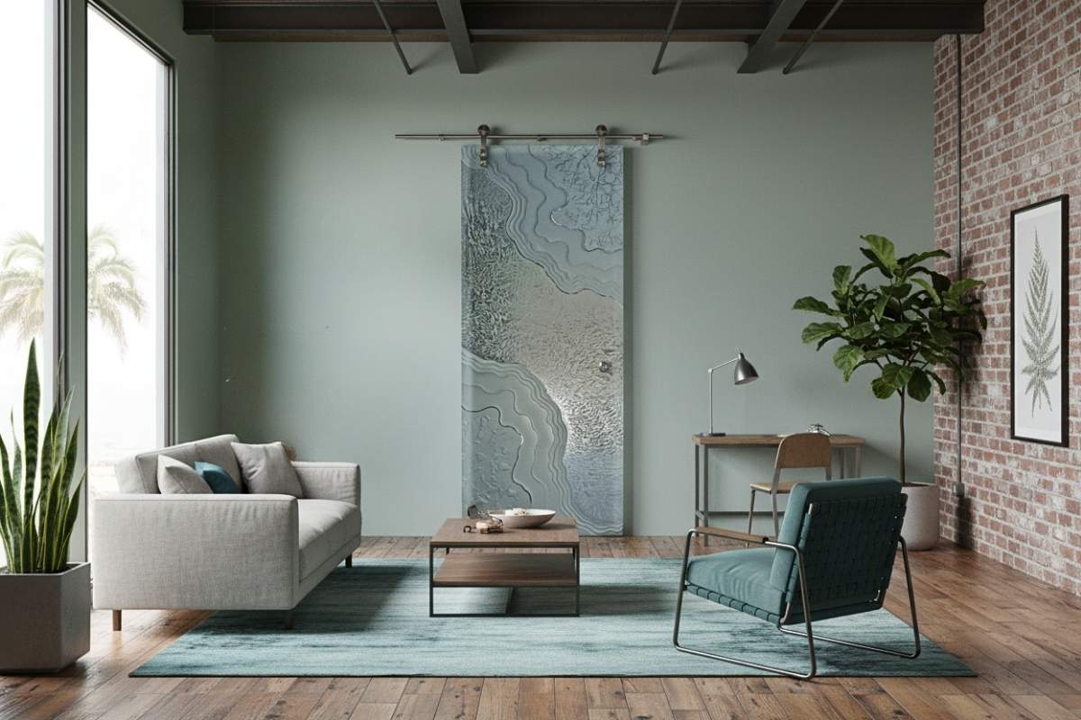 Abstract glass barn door in an industrial loft living room, a statement design by Sans Soucie Art Glass.